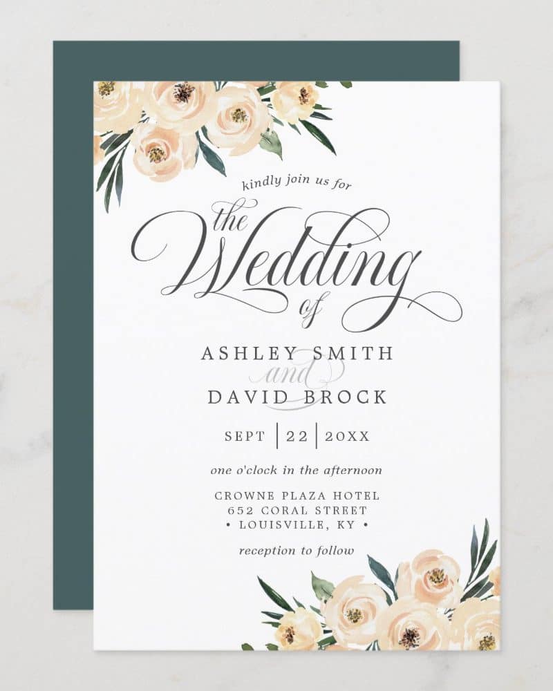 Wedding invitation for Ashley Smith and David Brock, featuring blush pink floral design.