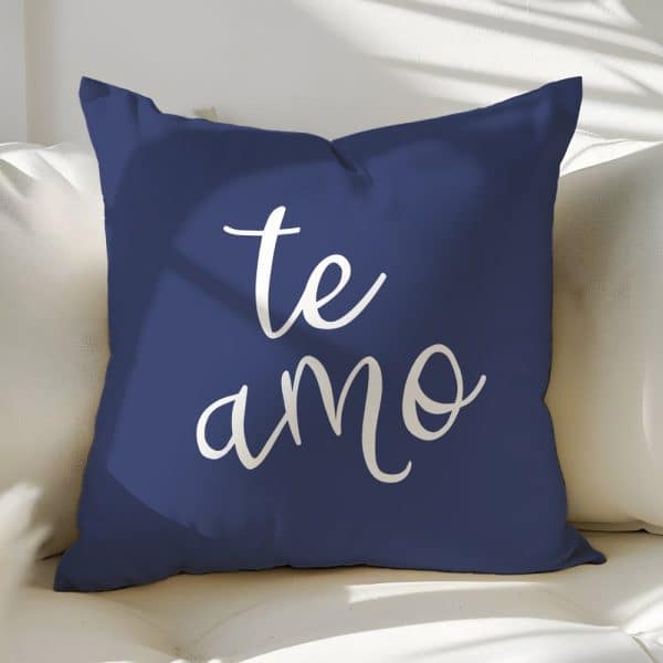 Navy Blue Throw Pillow With The Words Te Amo In White Script.