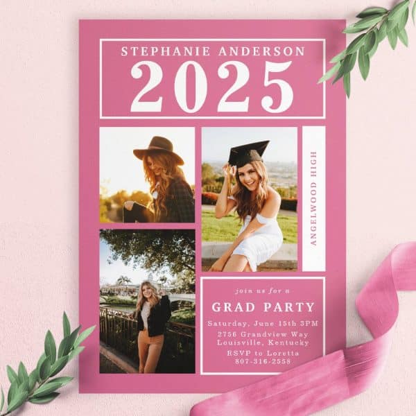 Pink Graduation Party Invitation With Photos Of The Graduate, Stephanie Anderson, Class Of 2025, Angelwood High.