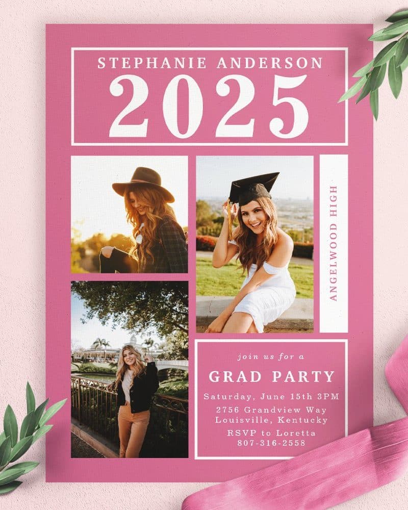 Pink graduation party invitation with photos of the graduate, Stephanie Anderson, class of 2025, Angelwood High.