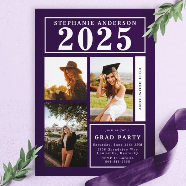 Purple Graduation Party Invitation Featuring Three Photos Of Stephanie Anderson, Class Of 2025, Angelwood High.