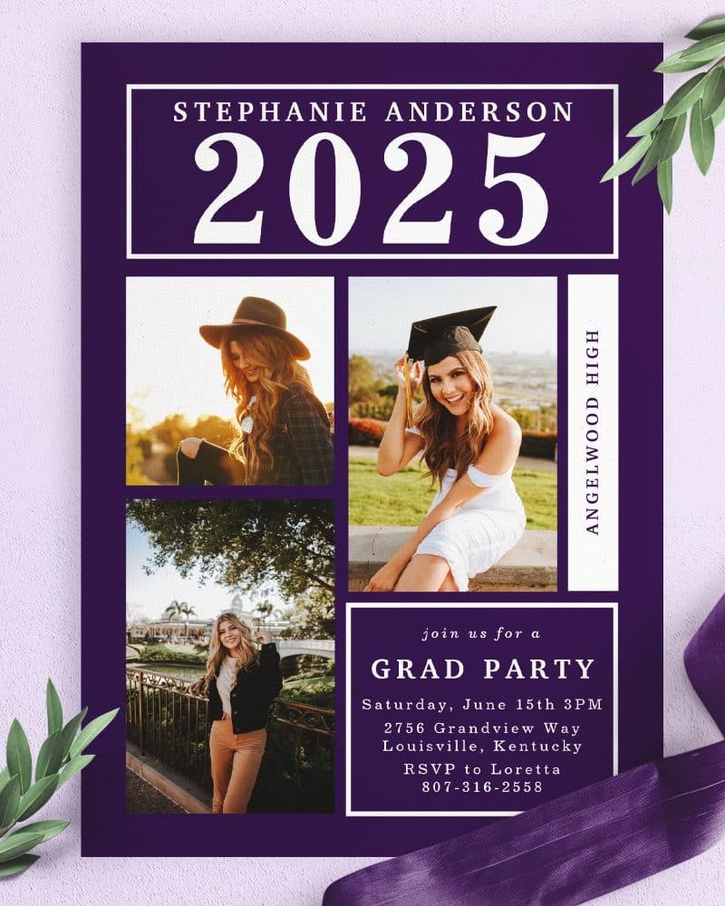 Purple graduation party invitation featuring three photos of Stephanie Anderson, class of 2025, Angelwood High.