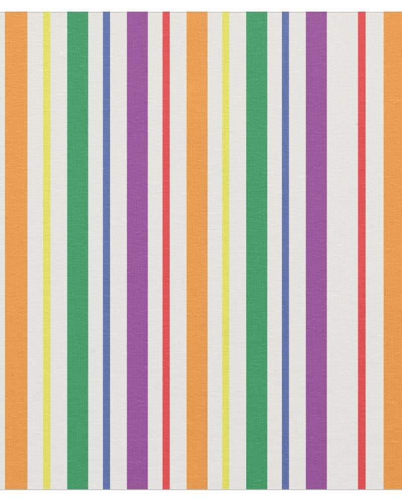 Vertical stripes of orange, red, yellow, green, and purple on a white background.