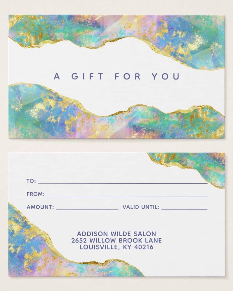 Gift certificate with pastel and gold design.
