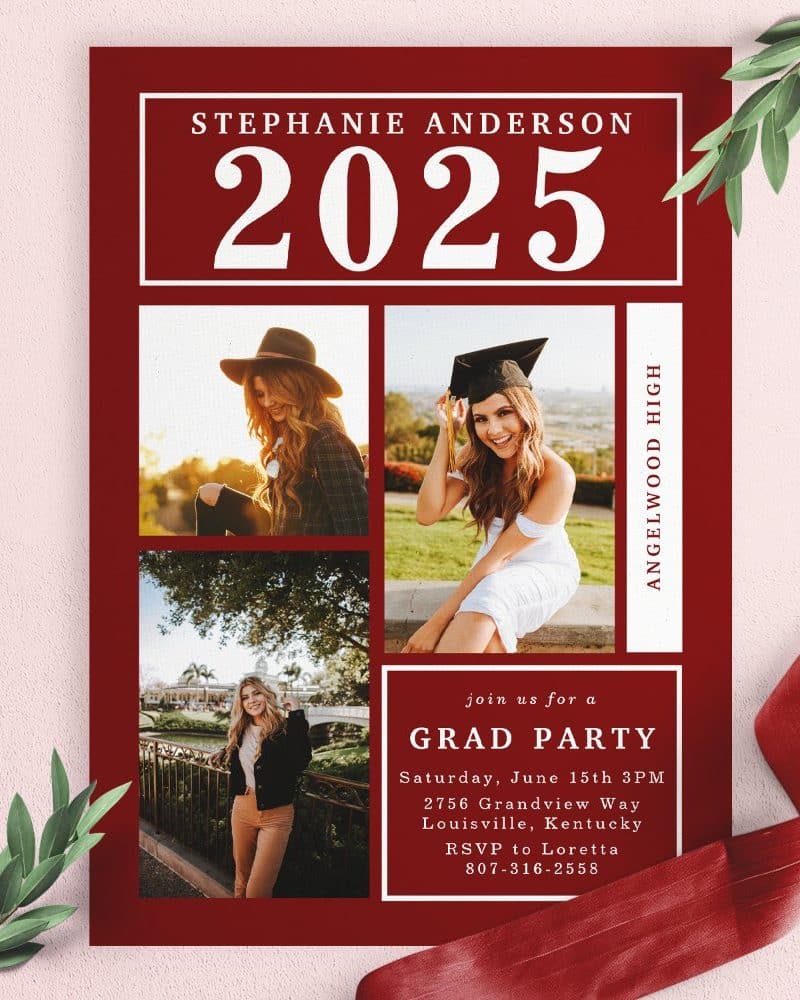 Graduation party invitation for Stephanie Anderson, Angelwood High class of 2025, featuring three photos of the graduate.