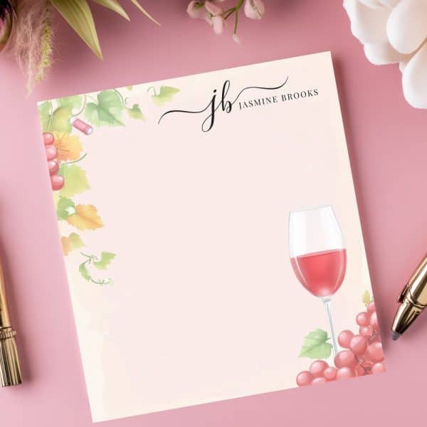 Personalized Stationery Featuring A Wine Glass And Grapes With The Monogram Jb And Jasmine Brooks.