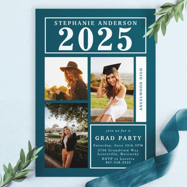 Graduation Party Invitation For Stephanie Anderson, Angelwood High Class Of 2025, Featuring Three Photos Of The Graduate.
