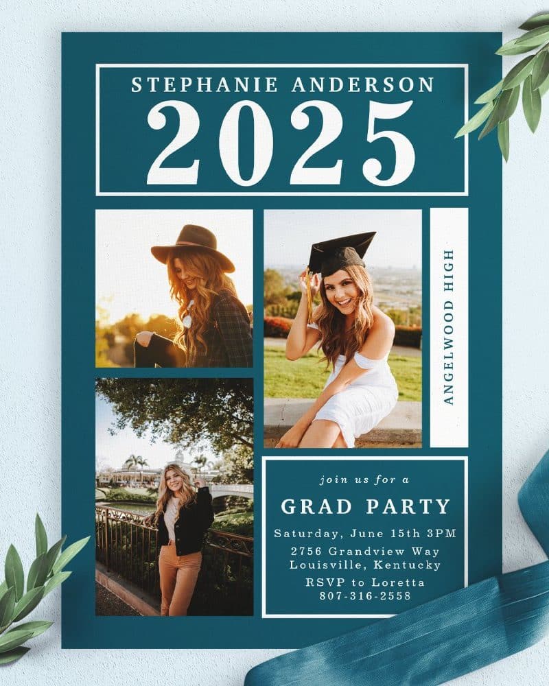 Graduation party invitation for Stephanie Anderson, Angelwood High class of 2025, featuring three photos of the graduate.
