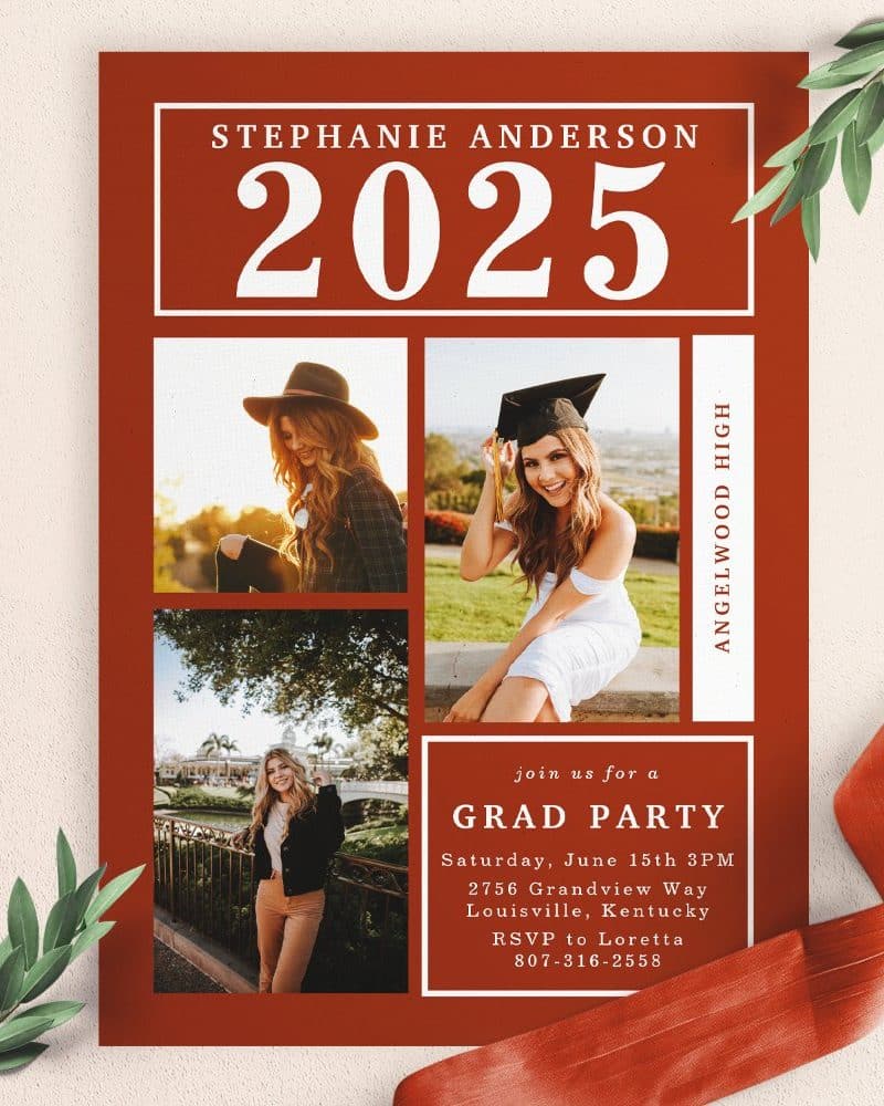 Red graduation party invitation for Stephanie Anderson, class of 2025, Angelwood High. Includes three photos and party details.