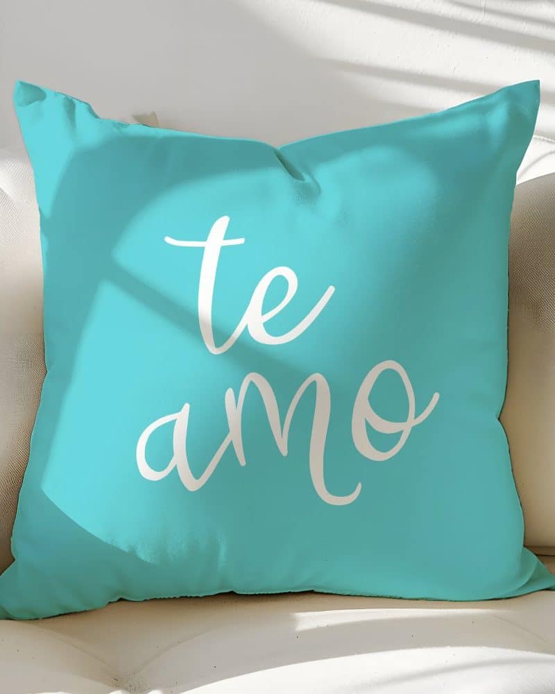 Teal pillow with the words te amo in white script.