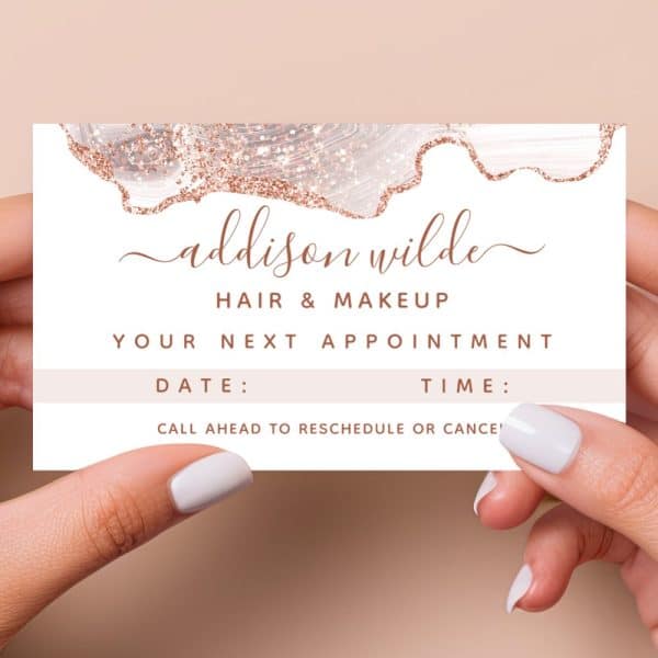 Appointment Reminder Card For Addison Wilde Hair &Amp; Makeup, Featuring A Rose Gold And Grey Marble Design.
