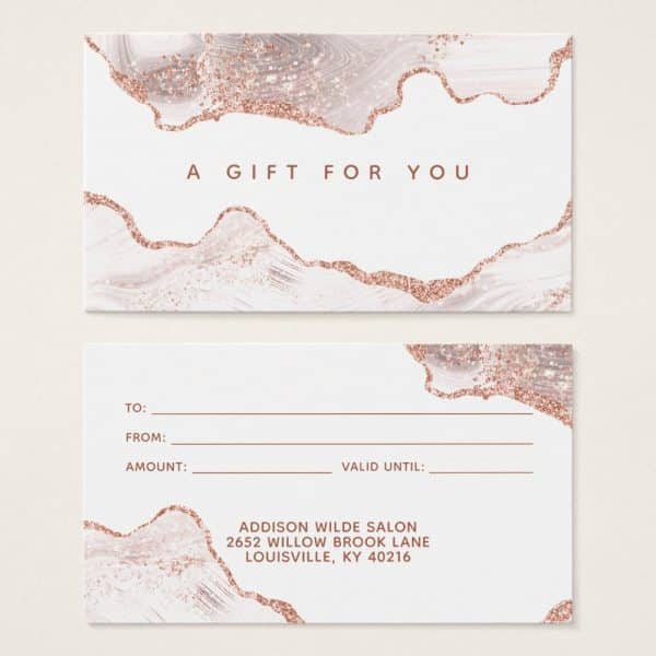 Rose Gold Glitter Gift Certificate From Addison Wilde Salon.