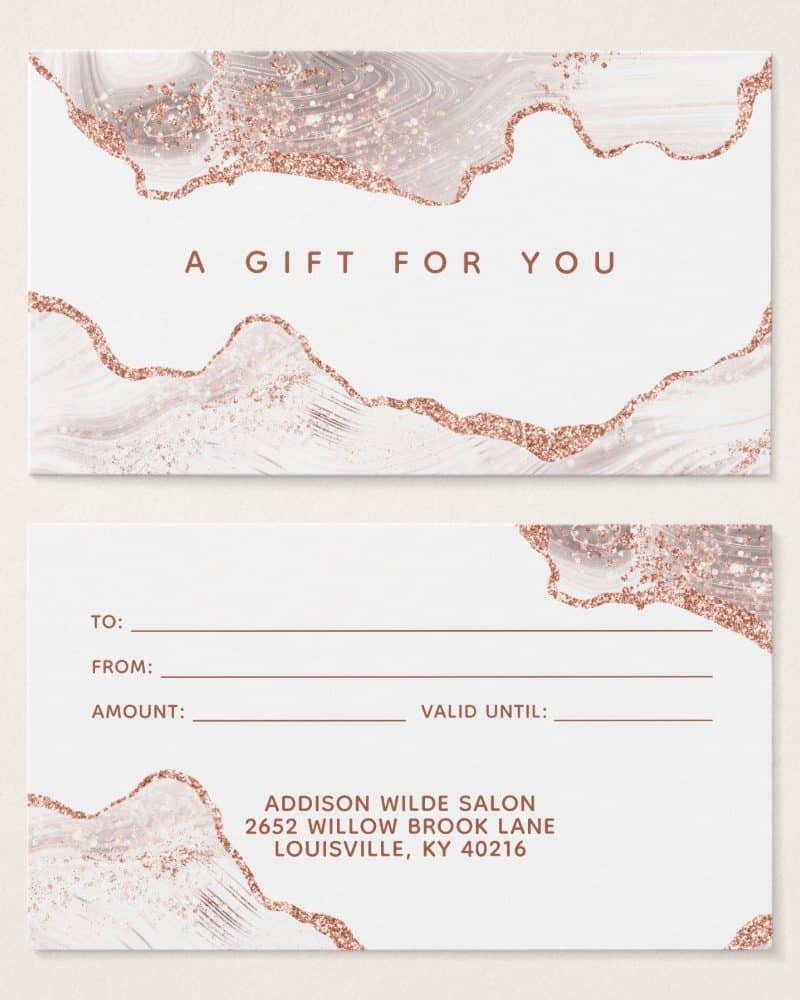 Rose gold glitter gift certificate from Addison Wilde Salon.