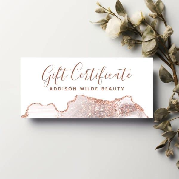 Rose Gold Gift Certificate For Addison Wilde Beauty With A Glitter Design.