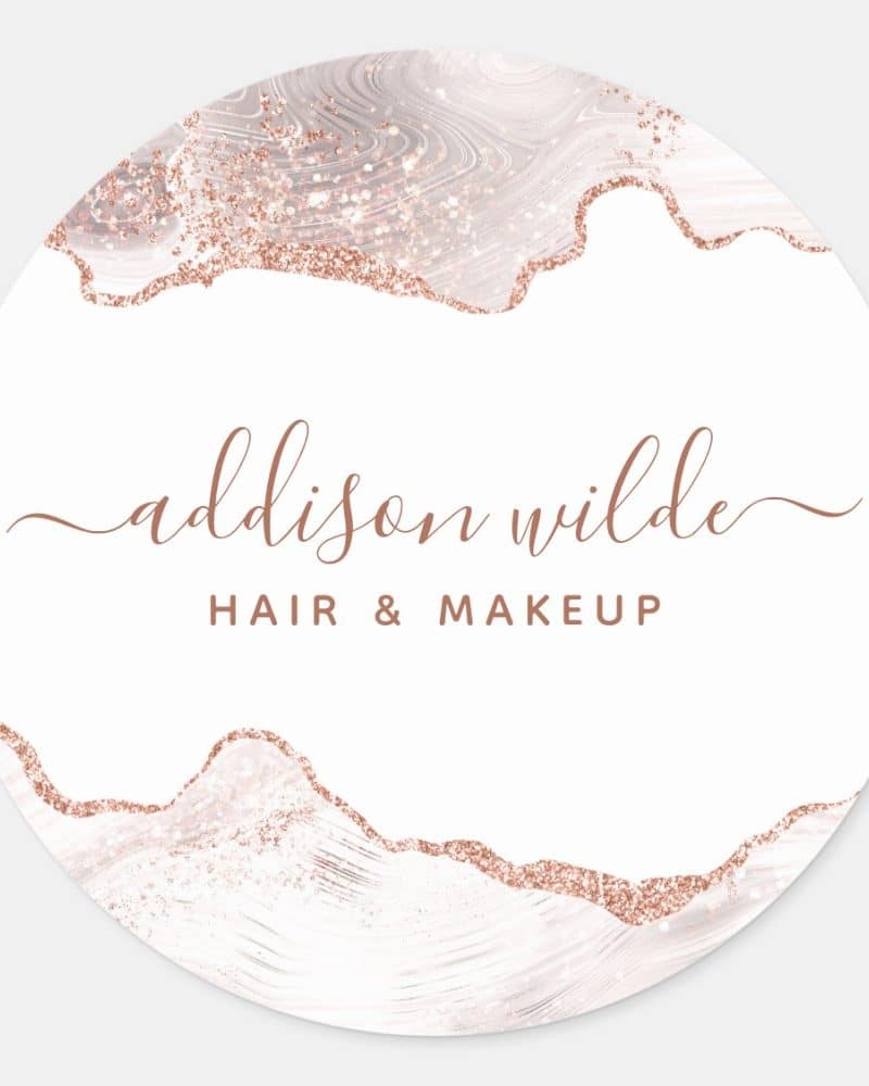 Round sticker with rose gold glitter and marble design, featuring Addison Wilde Hair & Makeup.