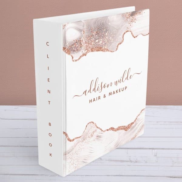 White Client Book With Rose Gold Lettering And Design; Addison Wilde Hair &Amp; Makeup.