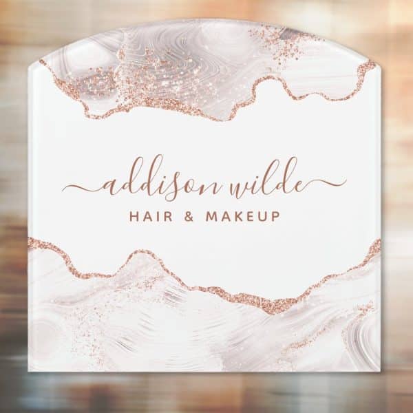 Arched Sign With Rose Gold Glitter And Marble Design, Displaying Addison Wilde Hair &Amp; Makeup.