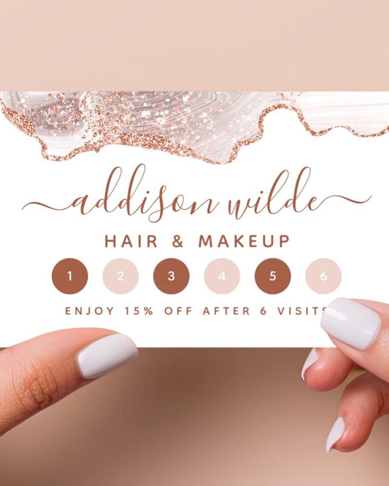 A six-visit loyalty card for Addison Wilde Hair & Makeup, featuring a rose gold and white agate design.