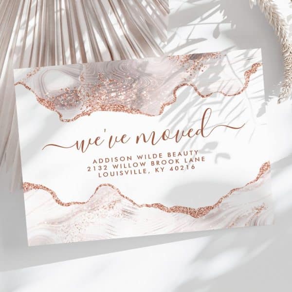 Rose Gold Glitter And Marble Design Announcement Card That Says We'Ve Moved With A New Business Address.