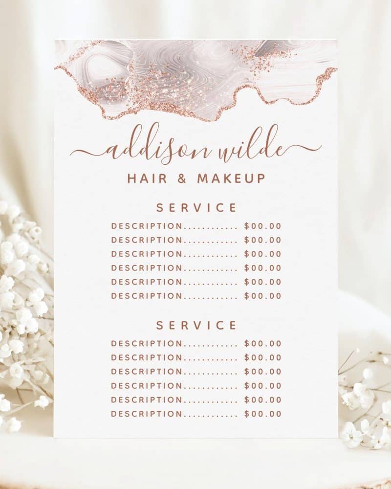 Addison Wilde hair and makeup price list with a rose gold and marble design.