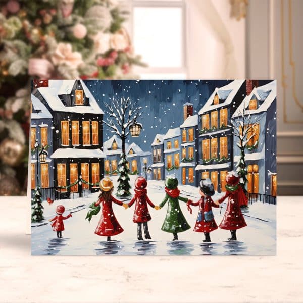 Christmas Card Depicting Children Holding Hands In A Snow-Covered Village Street At Night.