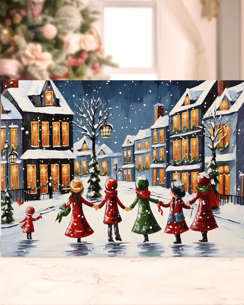 Christmas card depicting children holding hands in a snow-covered village street at night.