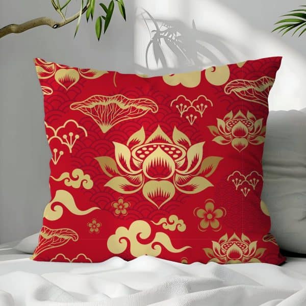 Red Square Pillow With Gold Lotus Flower And Cloud Pattern.