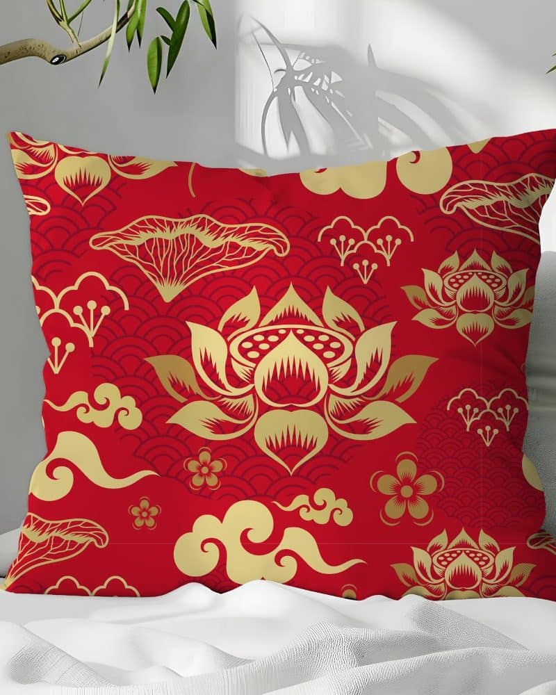Red square pillow with gold lotus flower and cloud pattern.