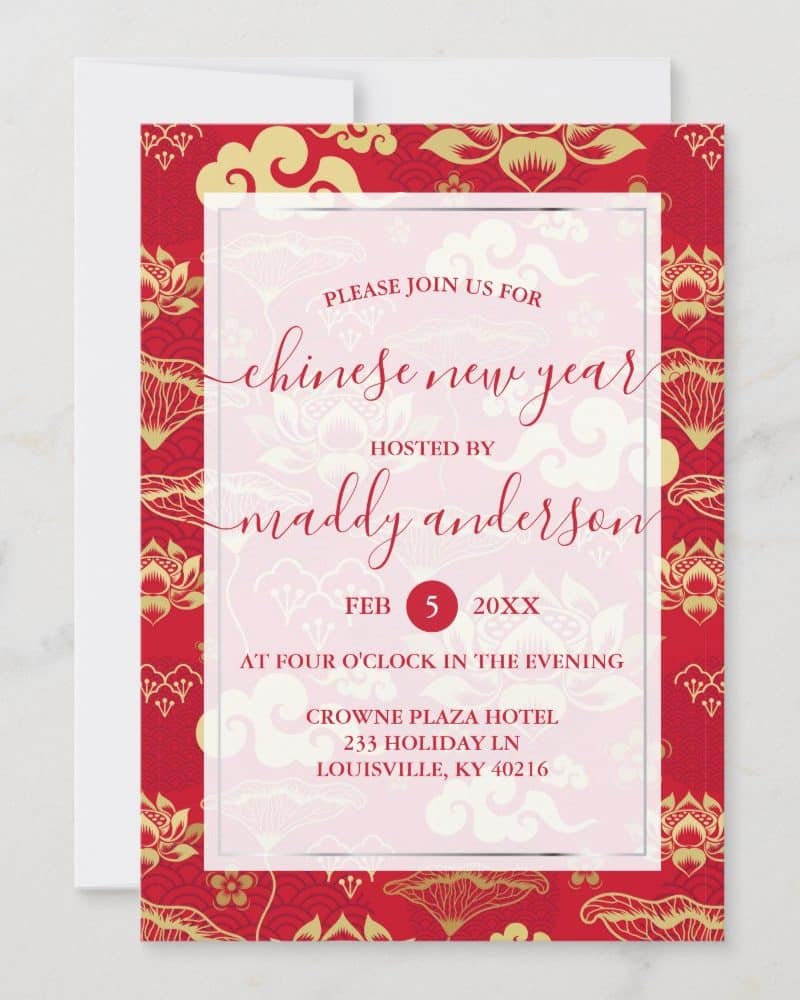 Red and gold Chinese New Year invitation for Maddy Anderson's party.