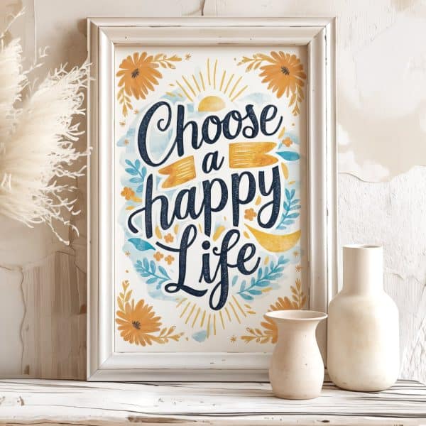White Framed Print With Inspirational Lettering That Says Choose A Happy Life Surrounded By Flowers And Sun.