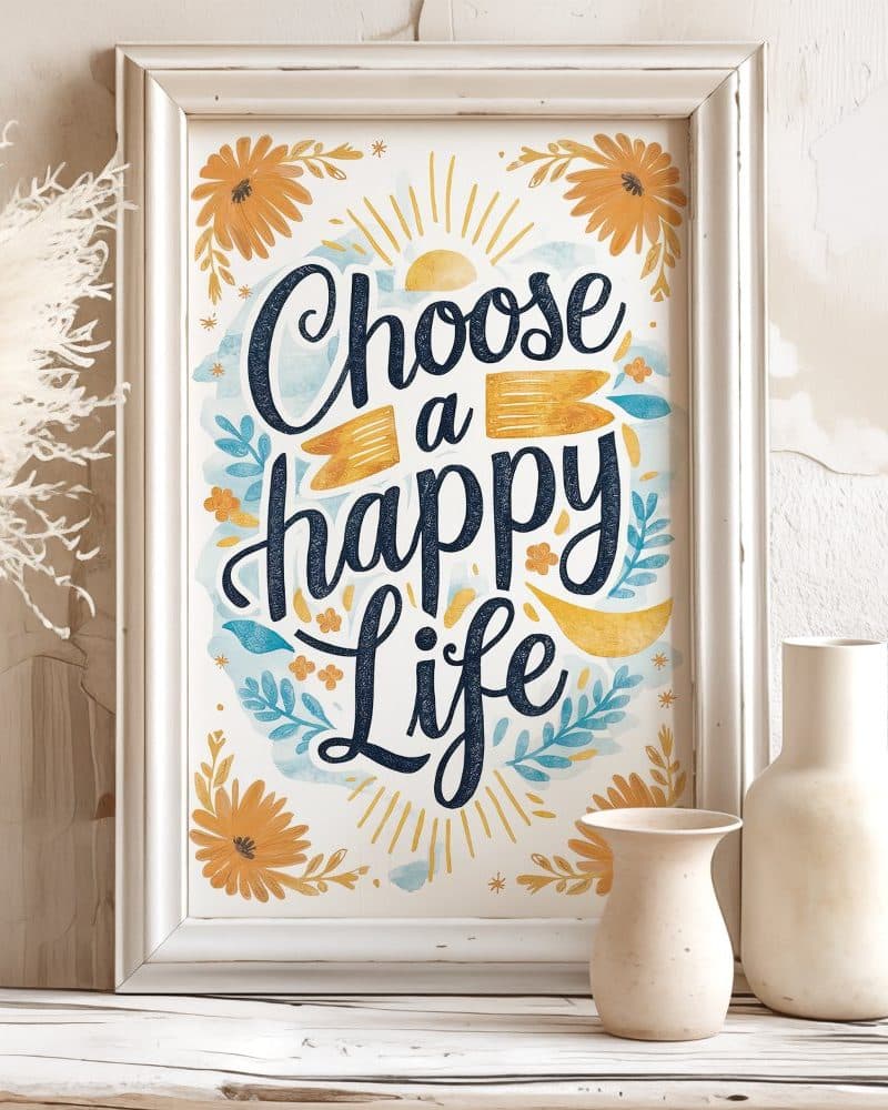 White framed print with inspirational lettering that says Choose a Happy Life surrounded by flowers and sun.