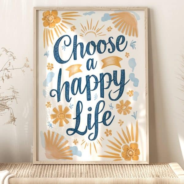 Framed Print With The Text Choose A Happy Life In Blue Script Surrounded By Yellow And Orange Flower And Sun Illustrations.