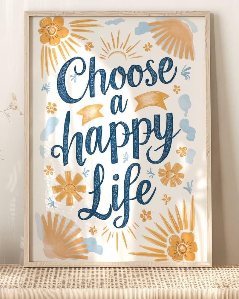 Framed print with the text Choose a Happy Life in blue script surrounded by yellow and orange flower and sun illustrations.