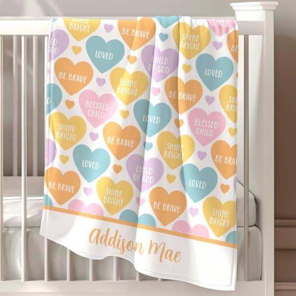 Personalized Baby Blanket With Pastel Hearts And Encouraging Words.