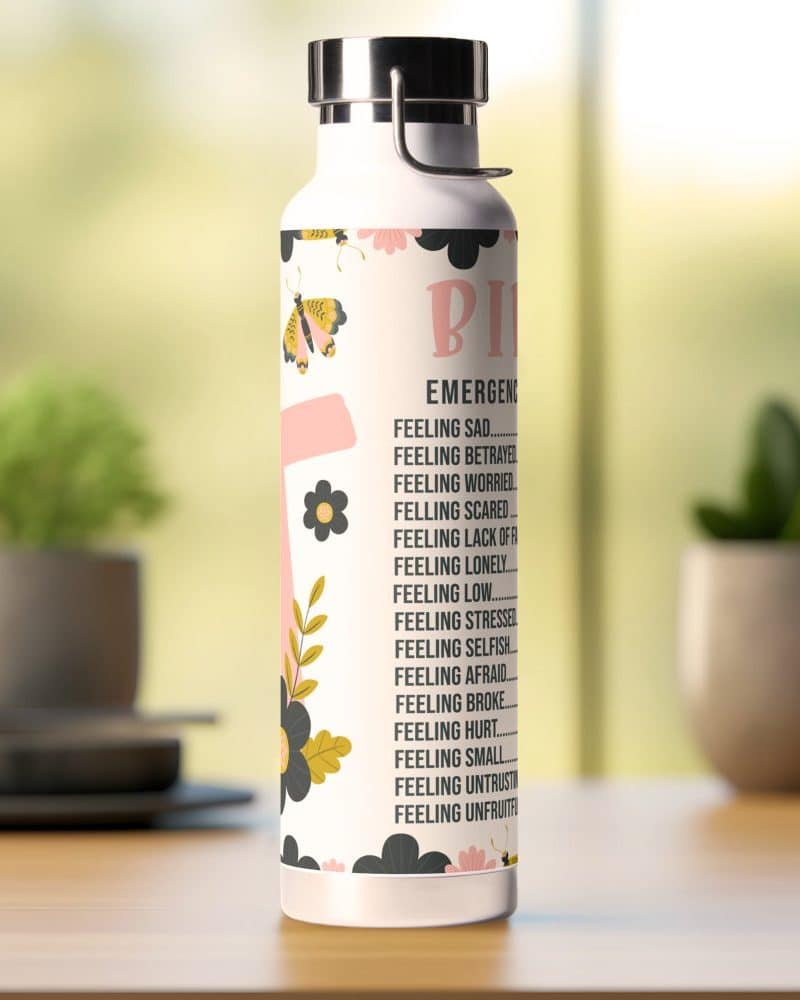 White water bottle with floral design and text listing various negative feelings.