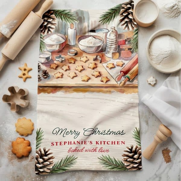 Christmas Tea Towel Featuring A Watercolor Illustration Of Star-Shaped Cookies Being Baked.