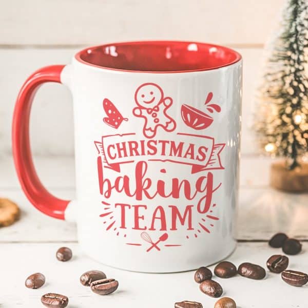 Red And White Christmas Mug With The Words Christmas Baking Team And Festive Images.