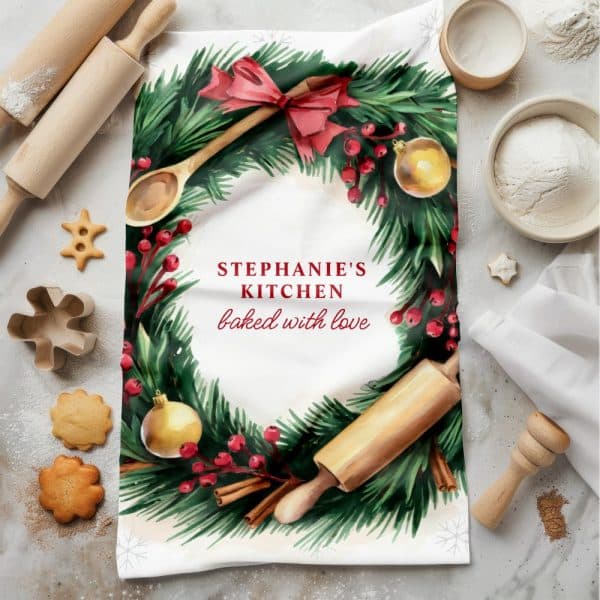 Christmas-Themed Kitchen Tea Towel Featuring A Wreath Design With Baking Utensils And The Text Stephanie'S Kitchen Baked With Love.