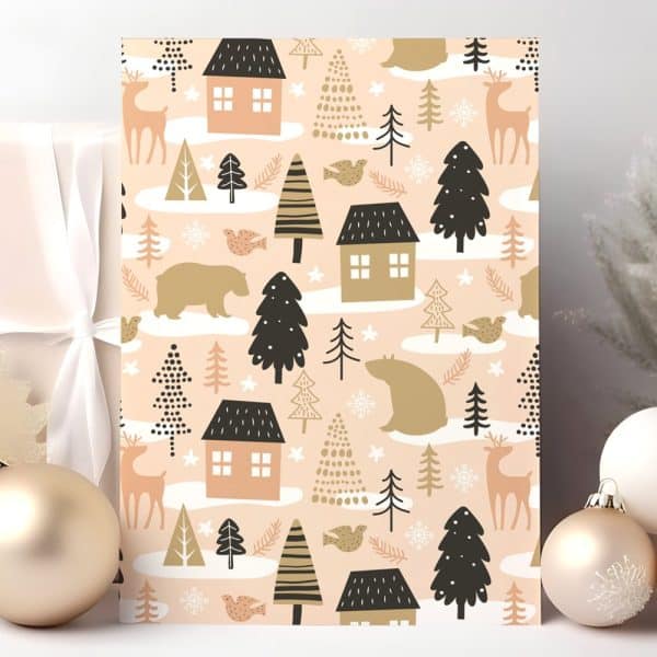 A Pink Christmas Card Design Featuring Houses, Trees, Animals, And Snowflakes.