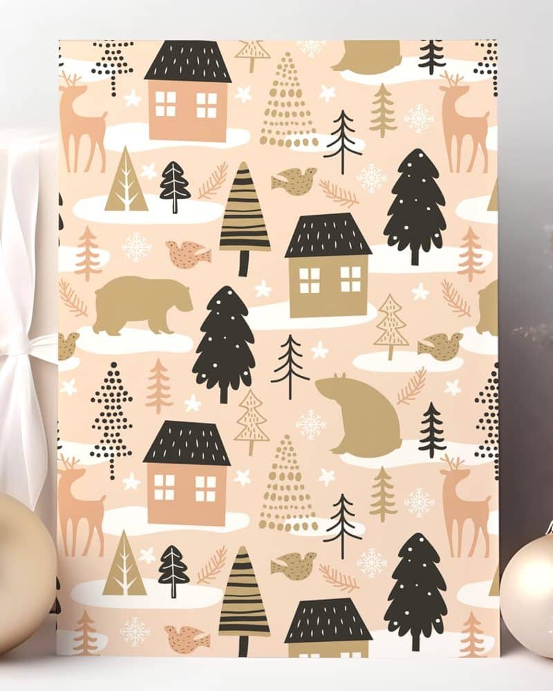 A pink Christmas card design featuring houses, trees, animals, and snowflakes.