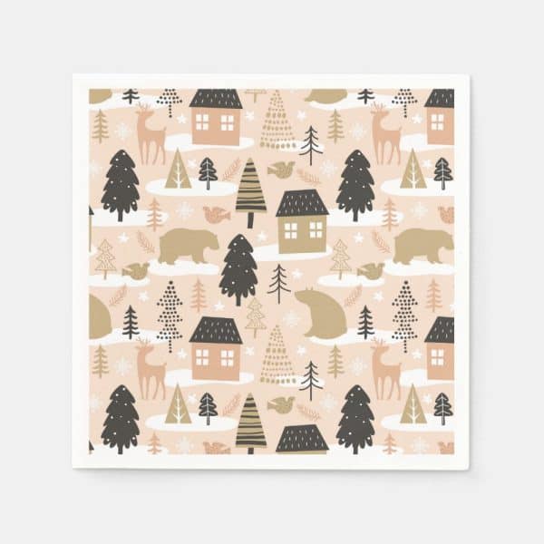 Winter Scene Pattern Featuring Houses, Bears, Deer, And Trees On A Light Pink Background.