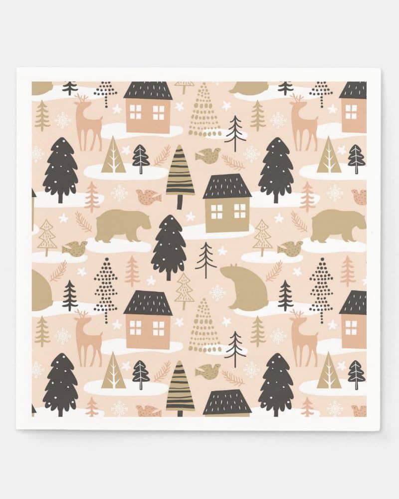 Winter scene pattern featuring houses, bears, deer, and trees on a light pink background.