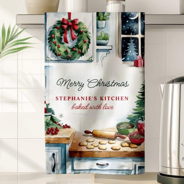 Christmas Kitchen Towel With Watercolor Illustration Of Cookies And Baking Supplies, Personalized With A Name And Merry Christmas Message.