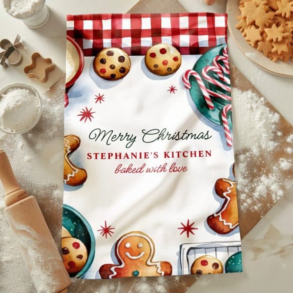 Christmas Tea Towel With Watercolor Gingerbread Men, Cookies, And Candy Canes; Text Reads Merry Christmas, Stephanie'S Kitchen, Baked With Love.