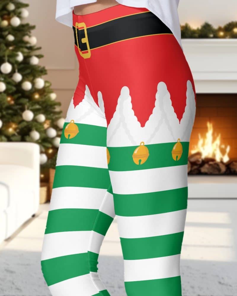 Christmas leggings with a red elf-style top and green and white striped bottom.