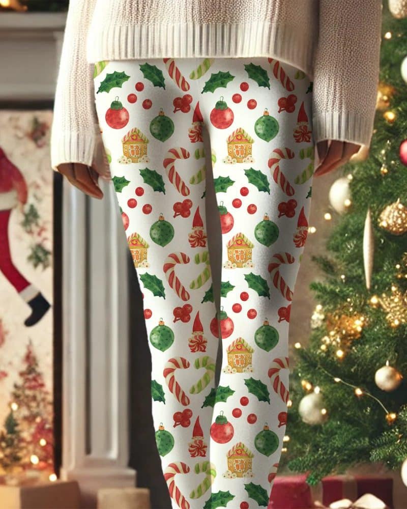 White leggings with a repeating Christmas pattern of ornaments, candy canes, holly, and gnomes.
