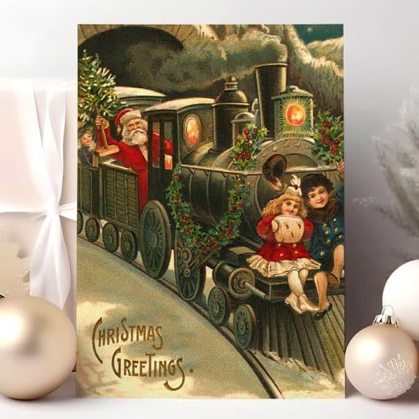 Vintage Christmas Card Depicting Santa And Children On A Decorated Steam Train.
