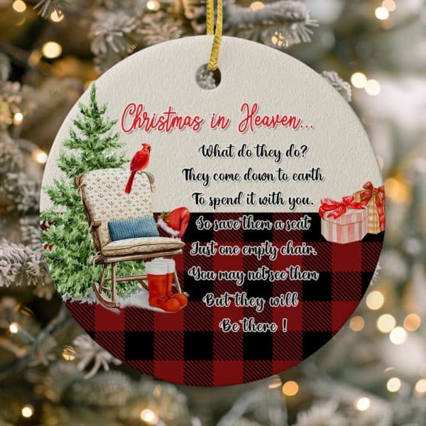 Round Christmas Ornament With Red And Black Buffalo Plaid Background, Featuring A Rocking Chair, Cardinal, And Poem About Loved Ones In Heaven.