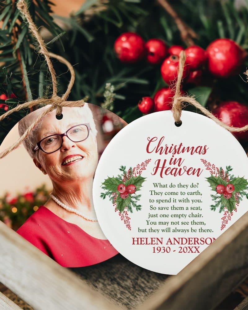 Christmas ornament featuring a photo of Helen Anderson (1930-20XX) and a poem about Christmas in Heaven.