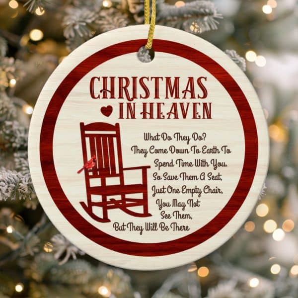 Round Christmas Ornament With A Red Border; Features A Rocking Chair, A Cardinal, And A Poem About Loved Ones In Heaven.